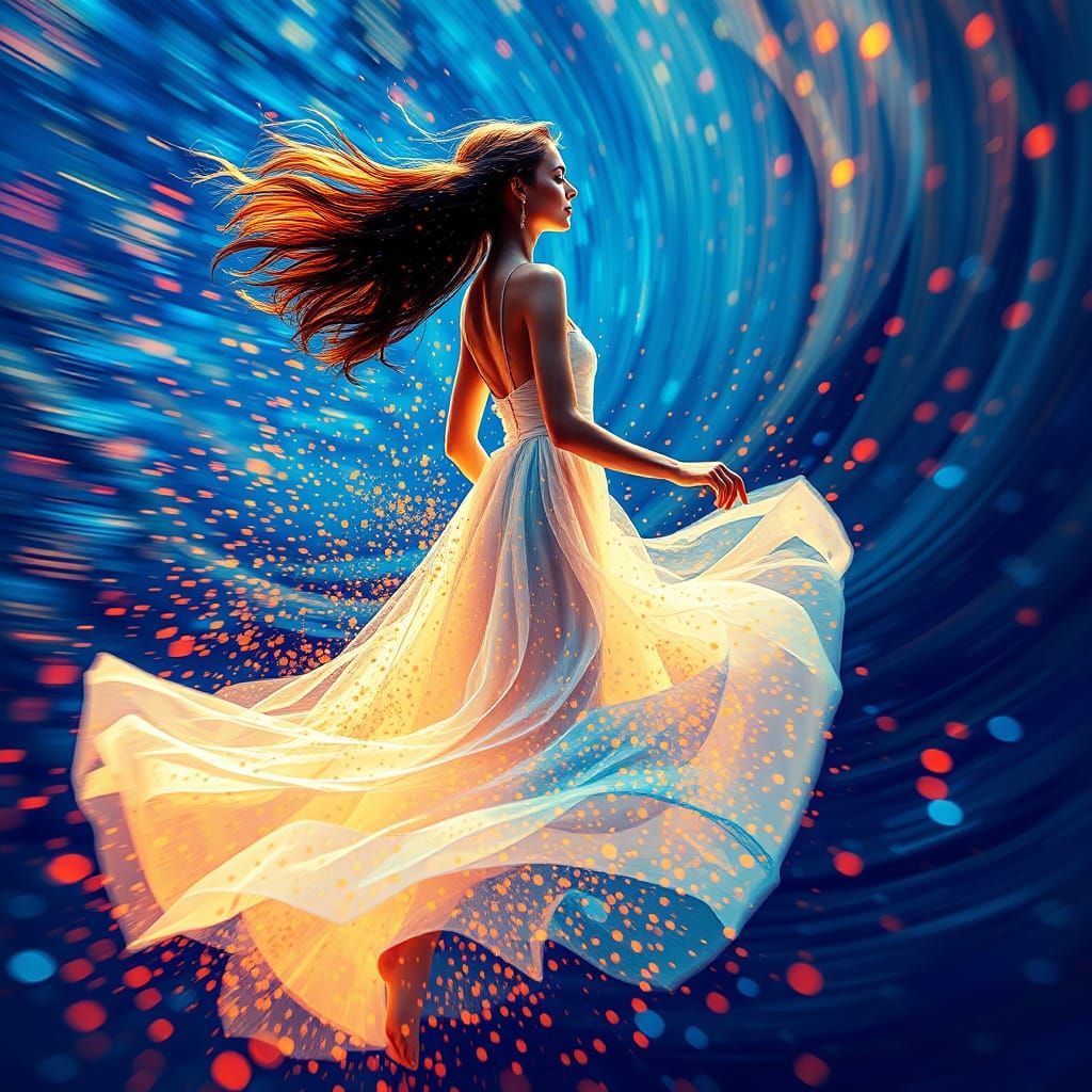 Pointillist Kinetic Portrait in Shimmering Blues and Oranges