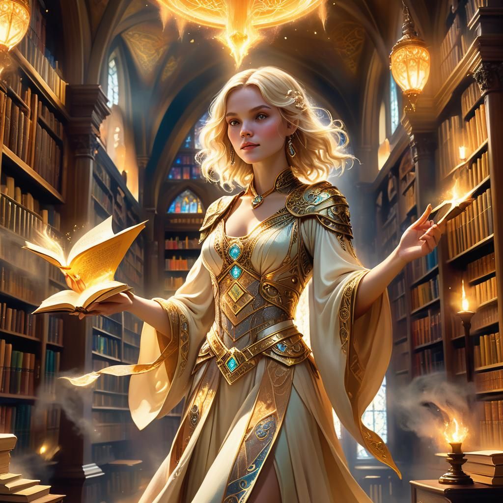 Enchantress Casting Spell in Library, Fantasy Concept Art