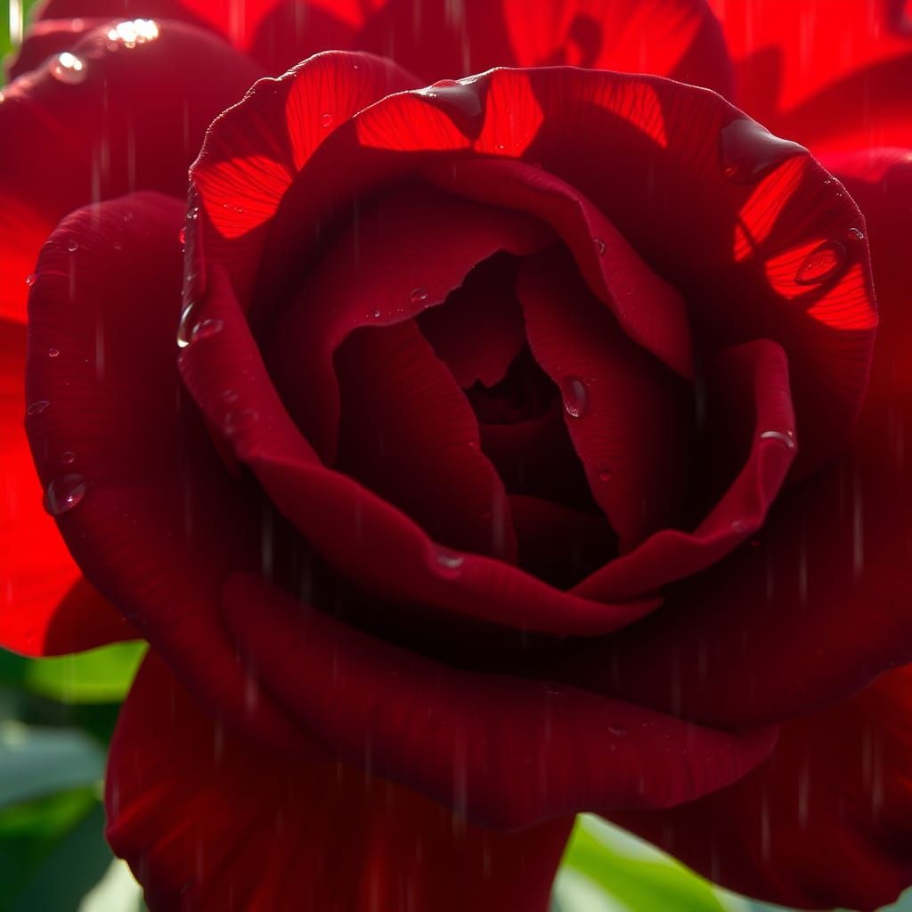 Scarlet Rose with Raindrops: Detailed Digital Painting
