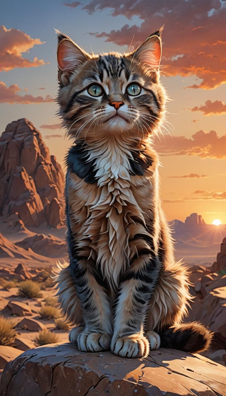 Grumpy Kitten Portrait at Desert Sunset