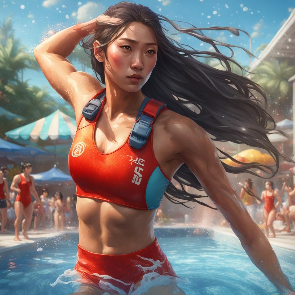 Lifeguard Jumps into Pool: Hyperdetailed Splash Art