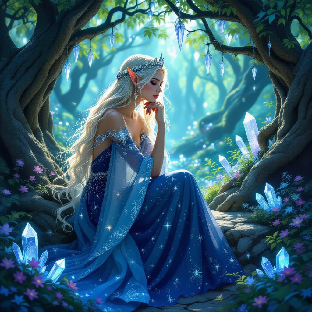 Elven Queen in Bioluminescent Grotto: Art Nouveau Style