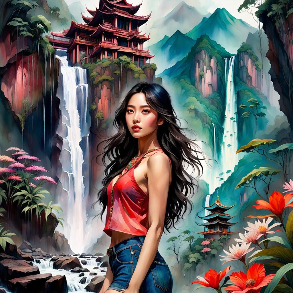 Young lovely Asian Girl in the Rain Forest