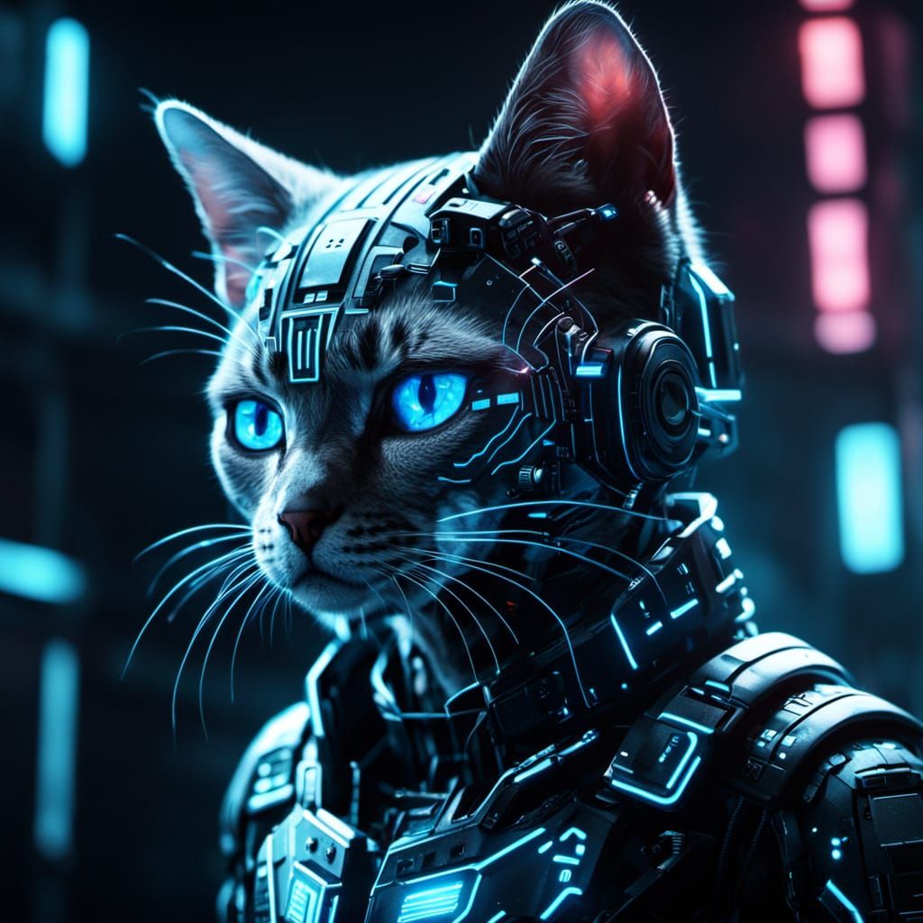 Cyberpunk Borg Kitten Assimilation in Neon Noir