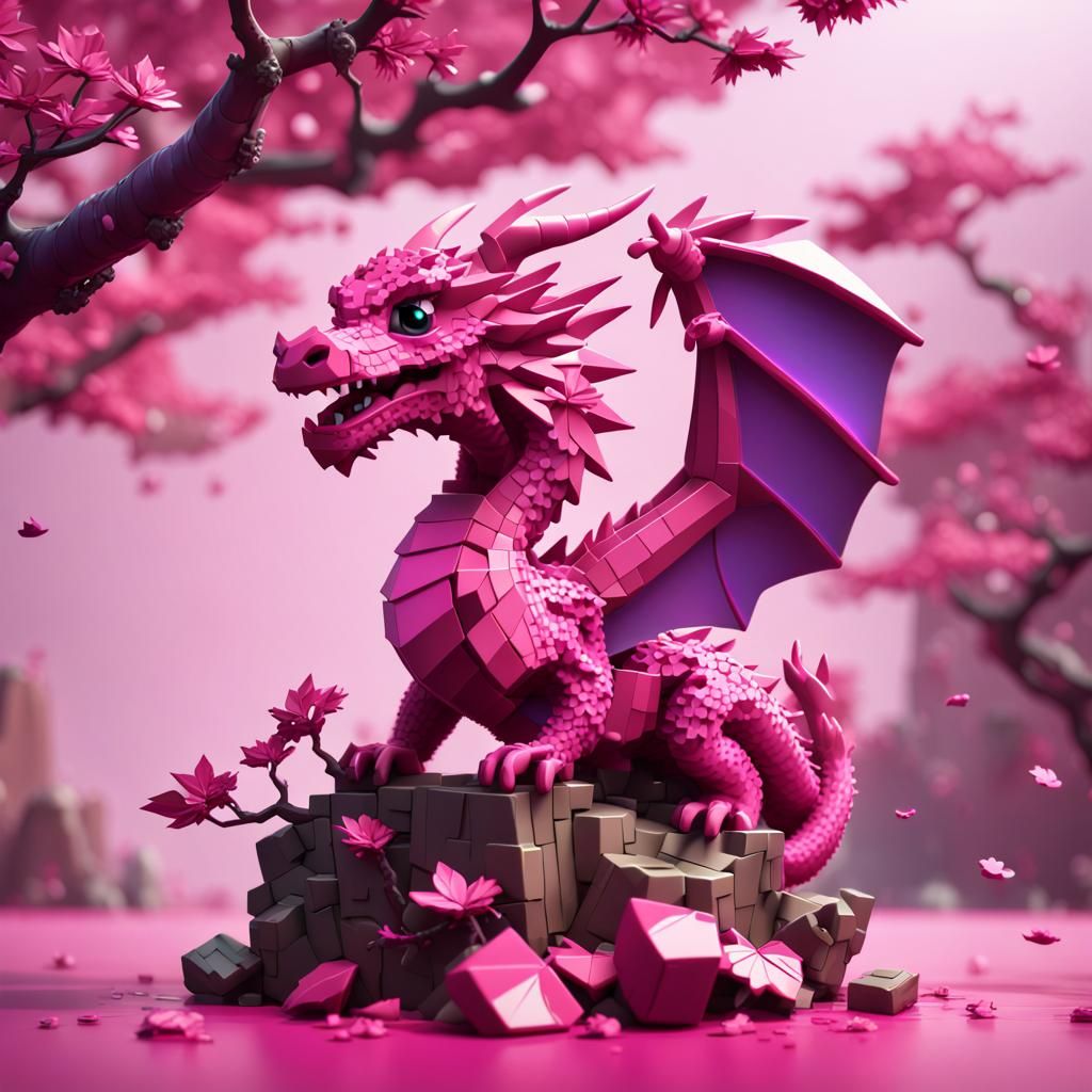 Sakura Tree with Dragon in Voxel 3D Render