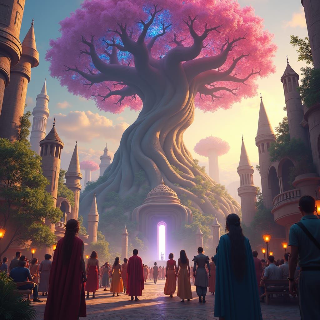 Diverse Characters Gather in Dreamlike Cityscape