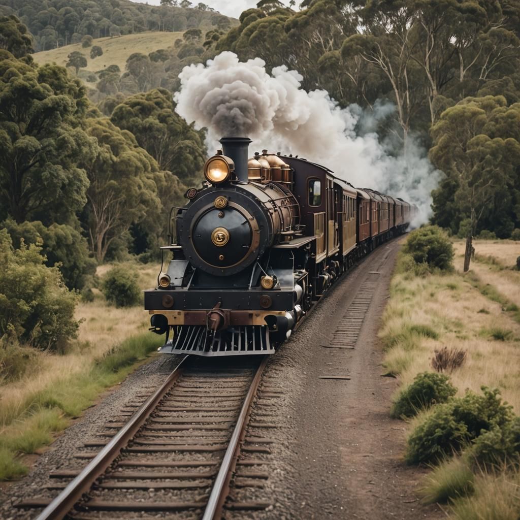 Victorian Steampunk Train on Rural Railway