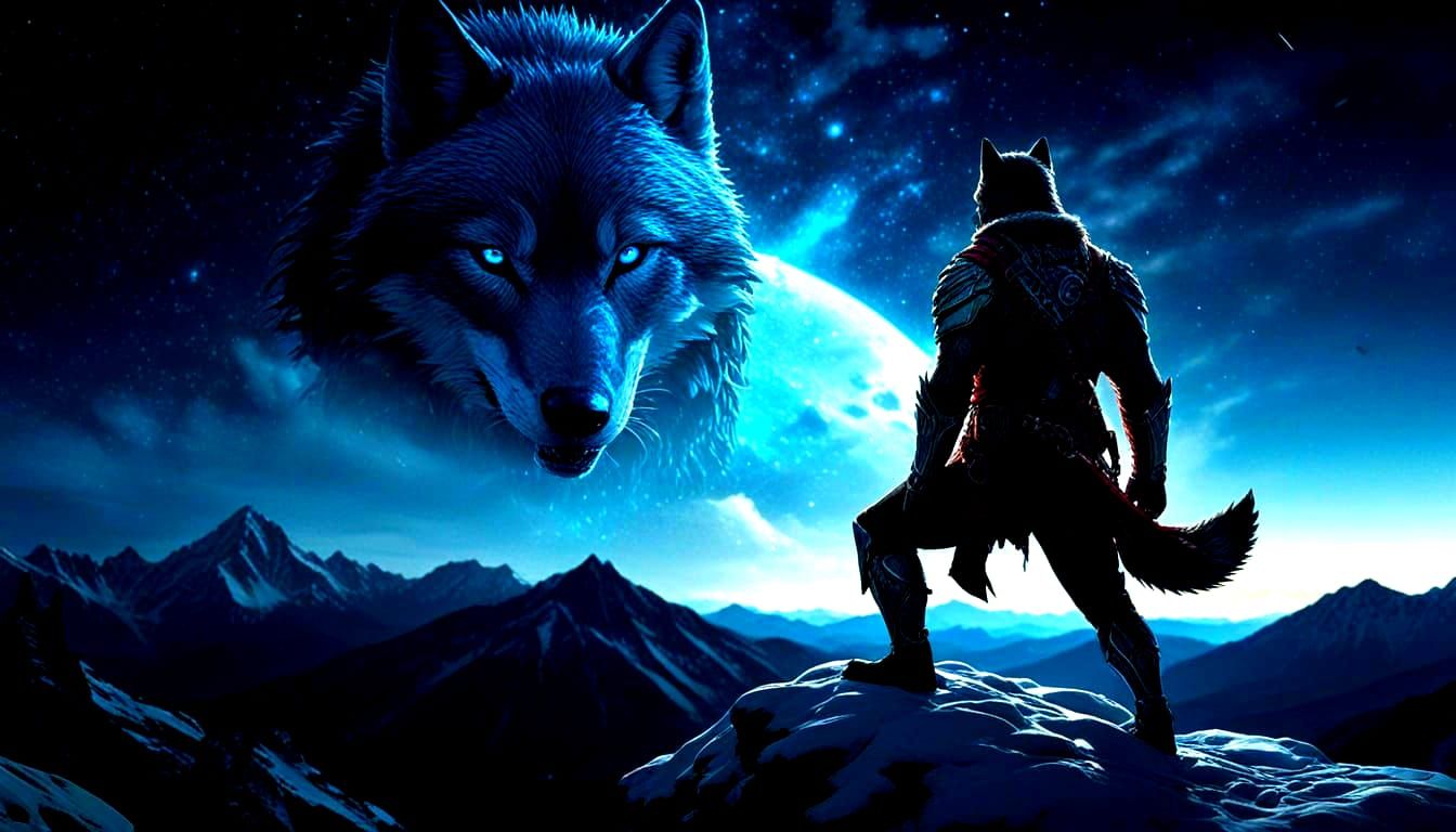 Wolf-Human Hybrid Warrior Under Cosmic Sky