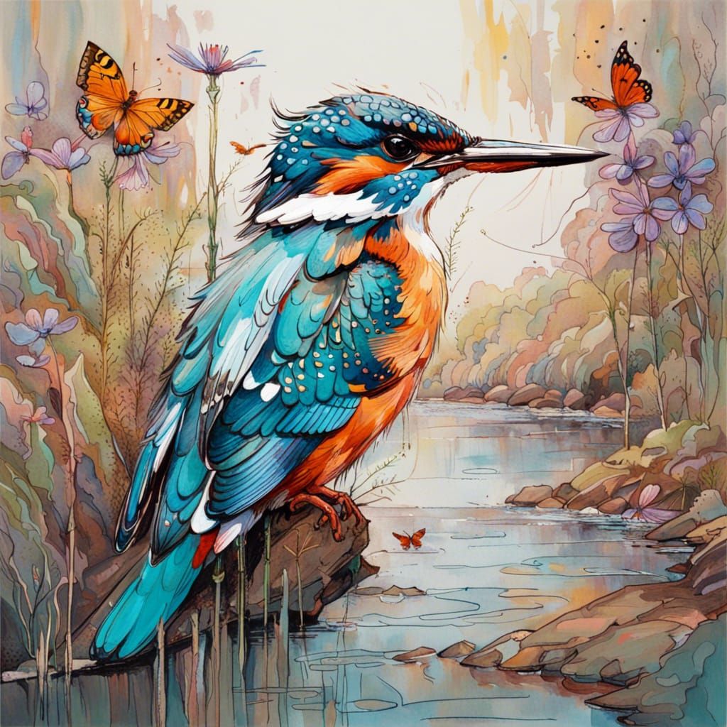 Kingfisher with Wildflowers and Butterflies: Impressionistic...
