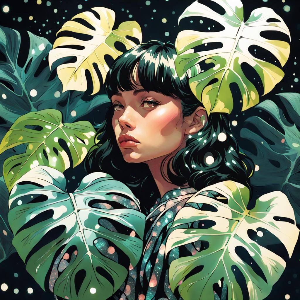 Detailed Ink Art Monstera Plant with Glowing Sparkles