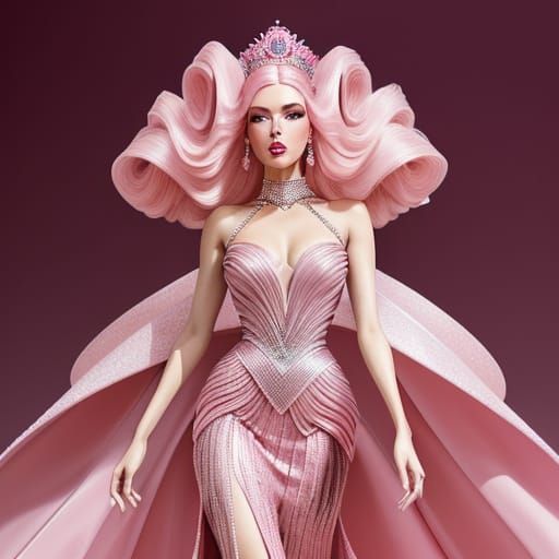 Monochrome Pink Runway Gown in Art Deco Style