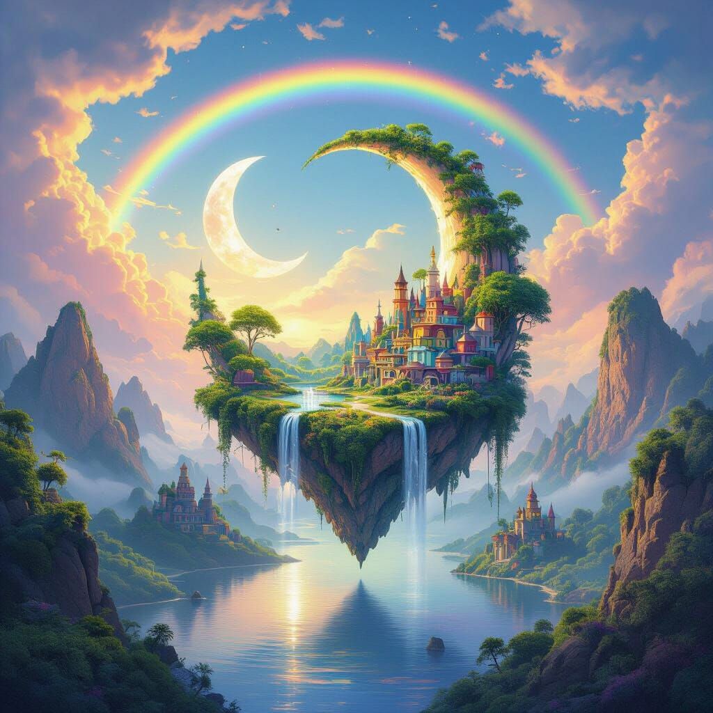 Dreamlike Floating Island Landscape with Rainbow