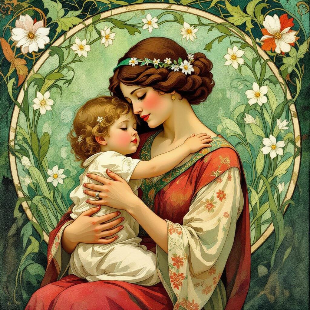 Art Nouveau Mother and Child Embrace in Green Botanical Art