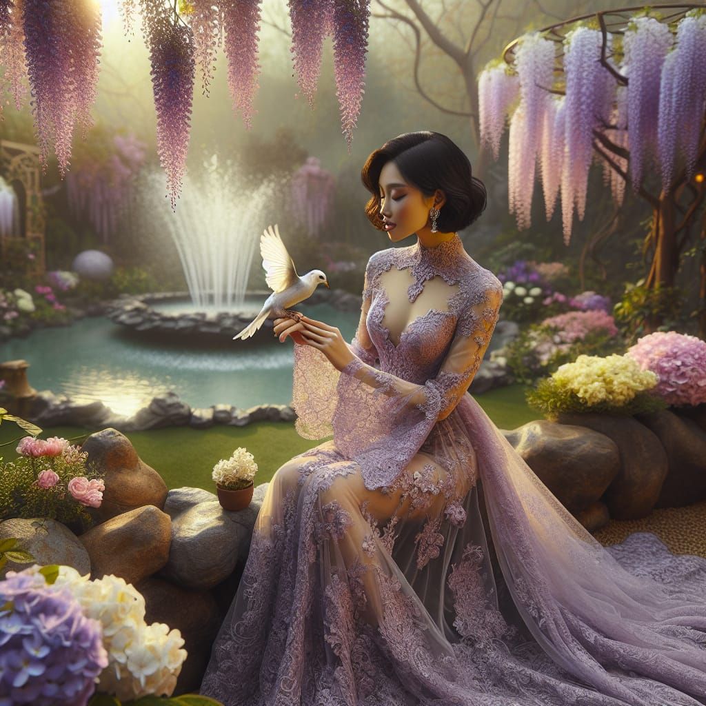 Woman in Lavender Dress with Bird in Lush Garden