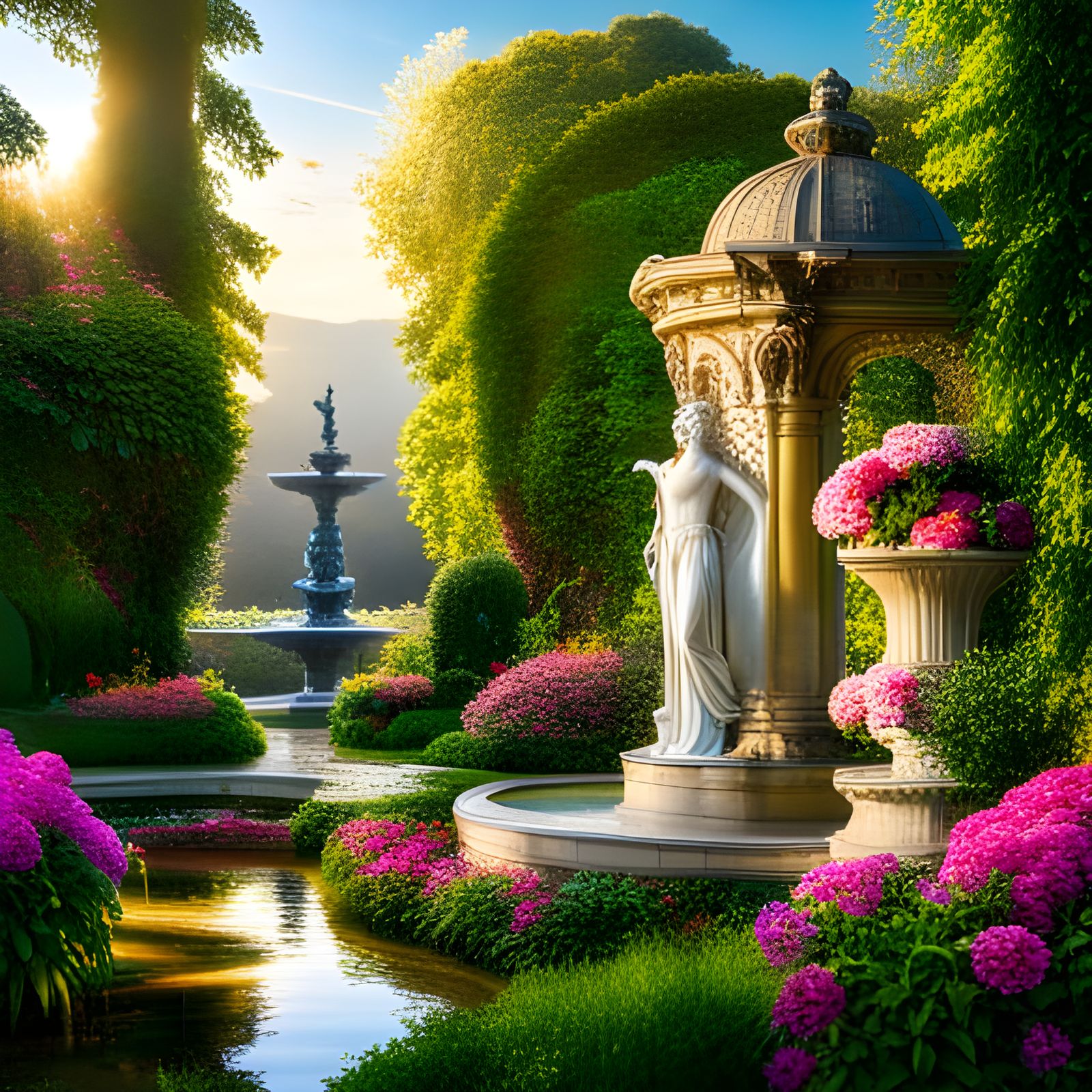 Enchanting Garden with Mythical Statues and Fountain