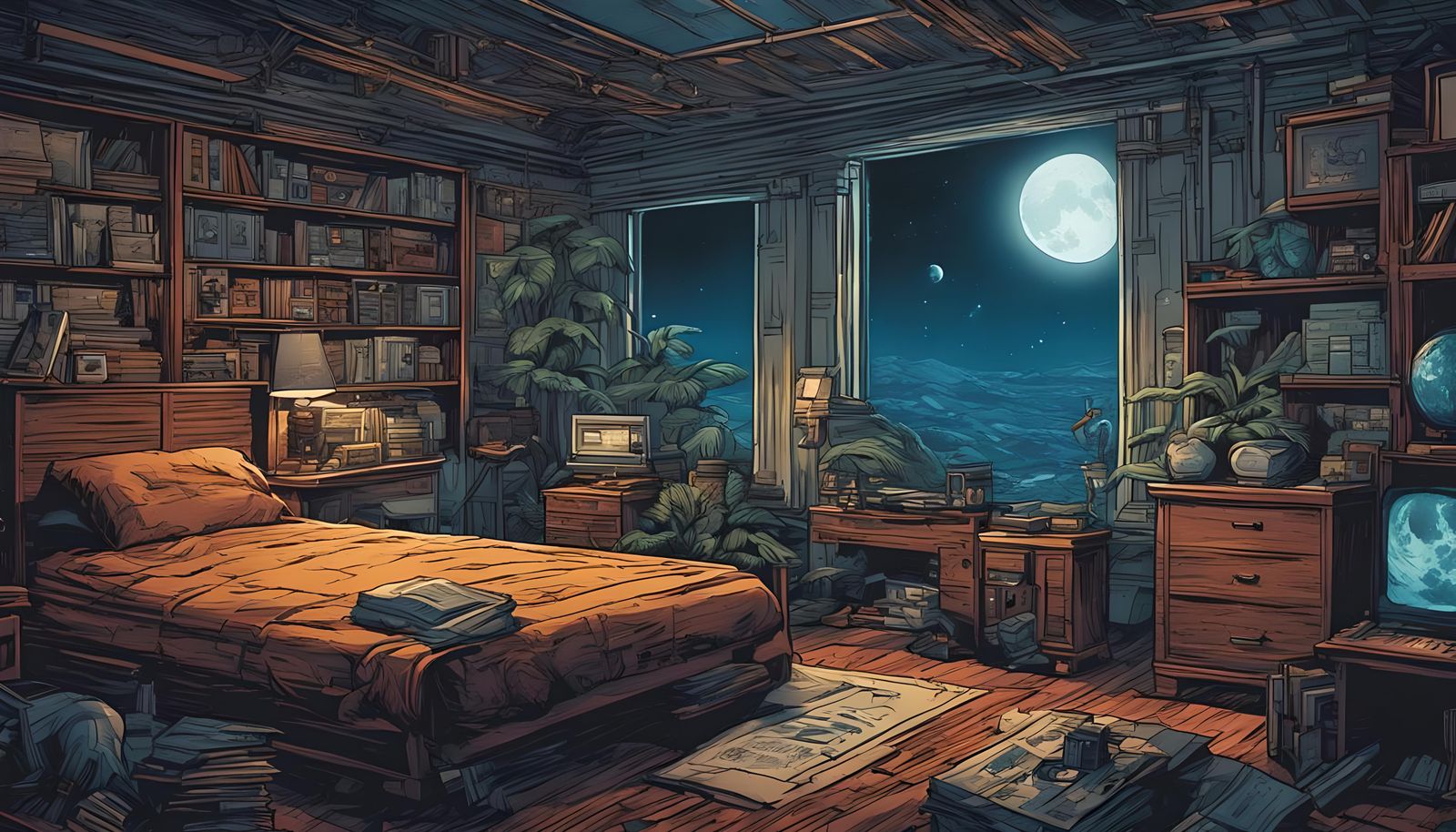 Moonlit Room in Comic Book Style