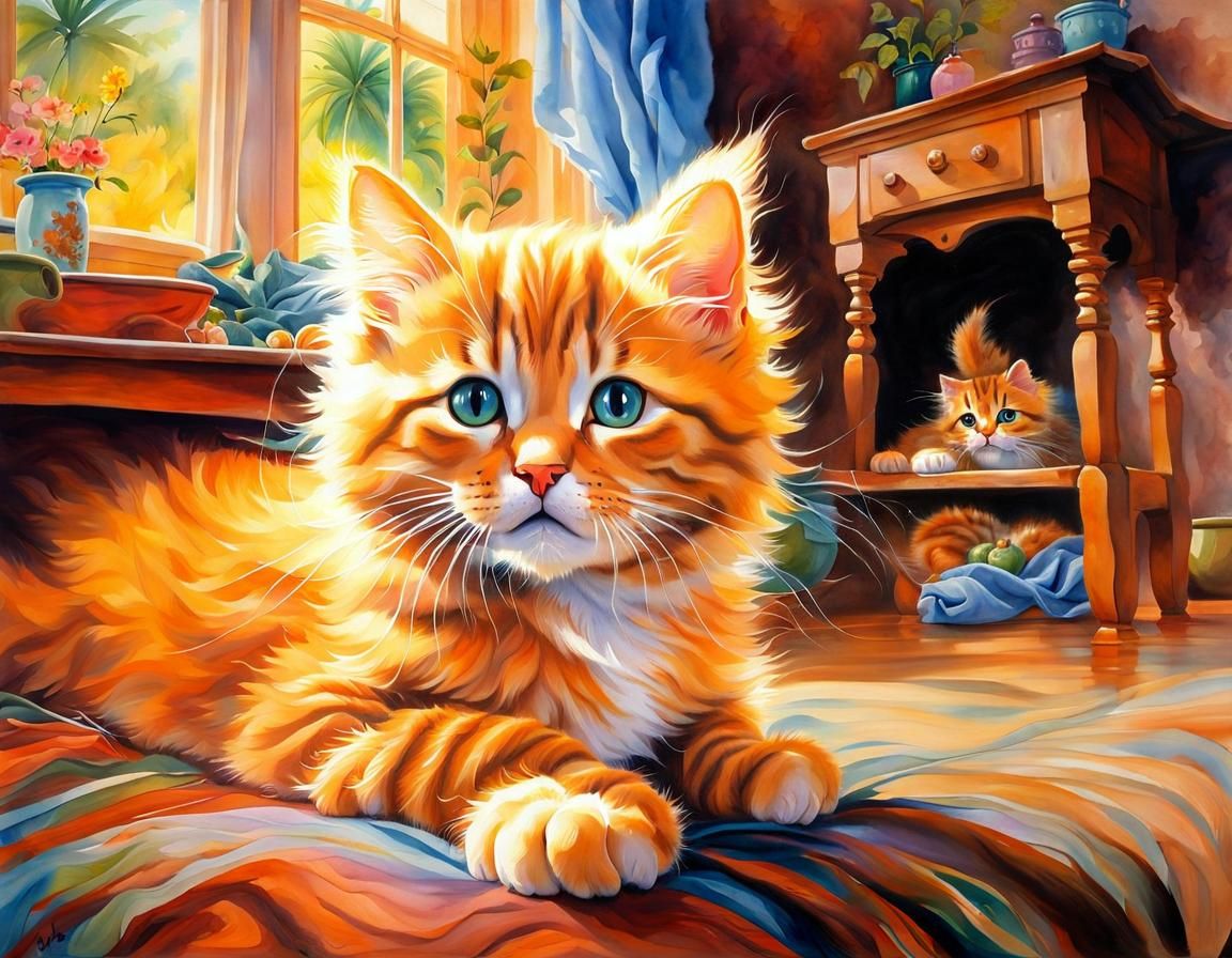 Cute Orange Tabby Kitten in Watercolor Style