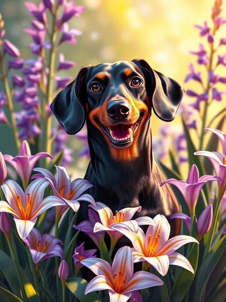 Vibrant Easter Lilies with Happy Dachshund in Whimsical Spri...