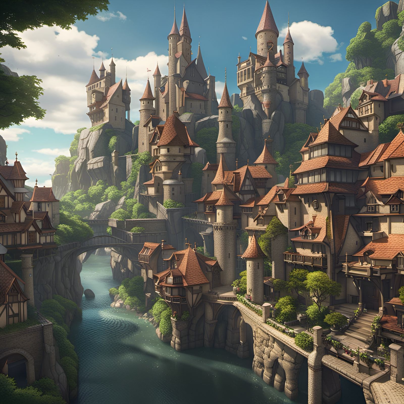 Fantasy City with Castles in Ghibli Style
