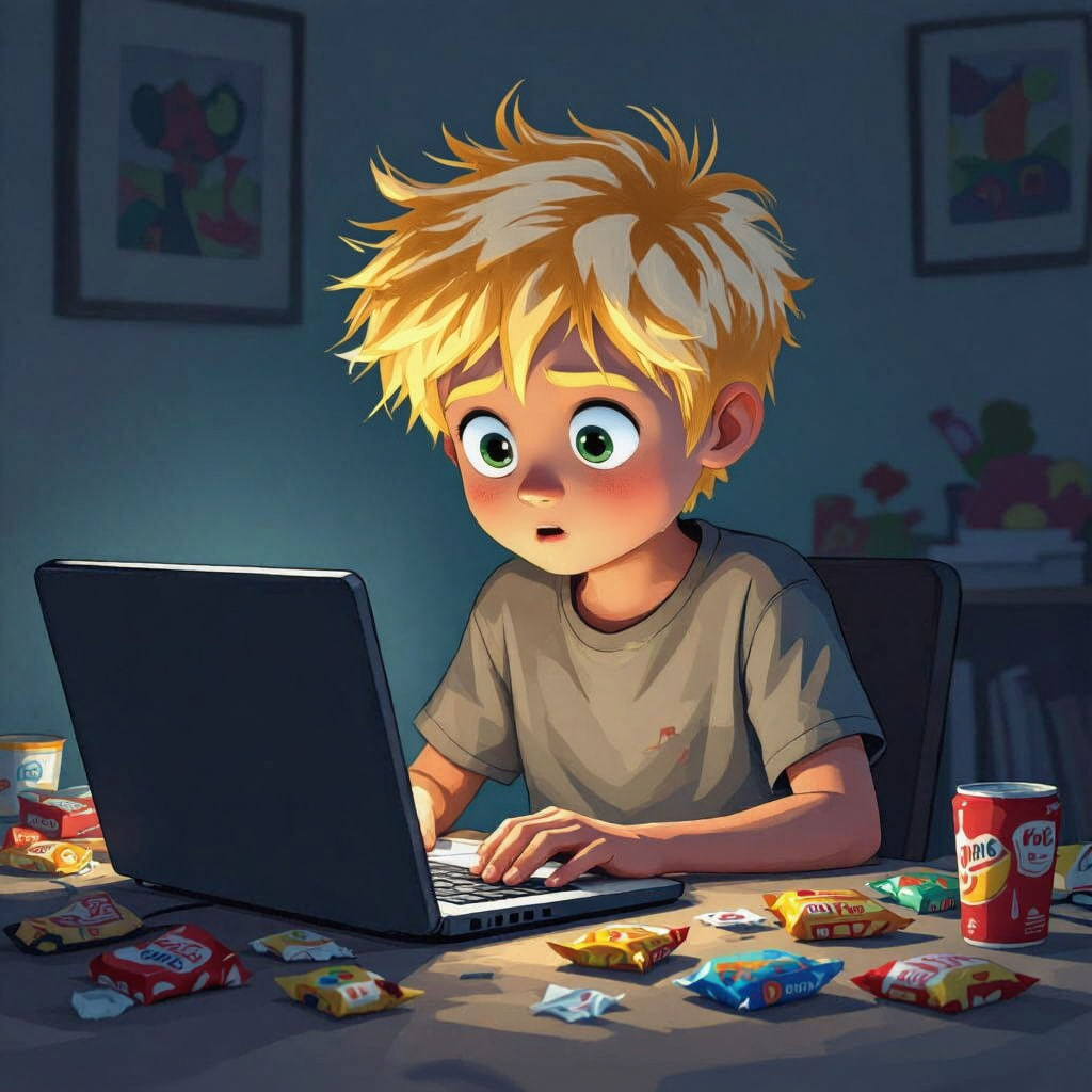 Cartoonish Boy with Square Eyes Staring at Laptop