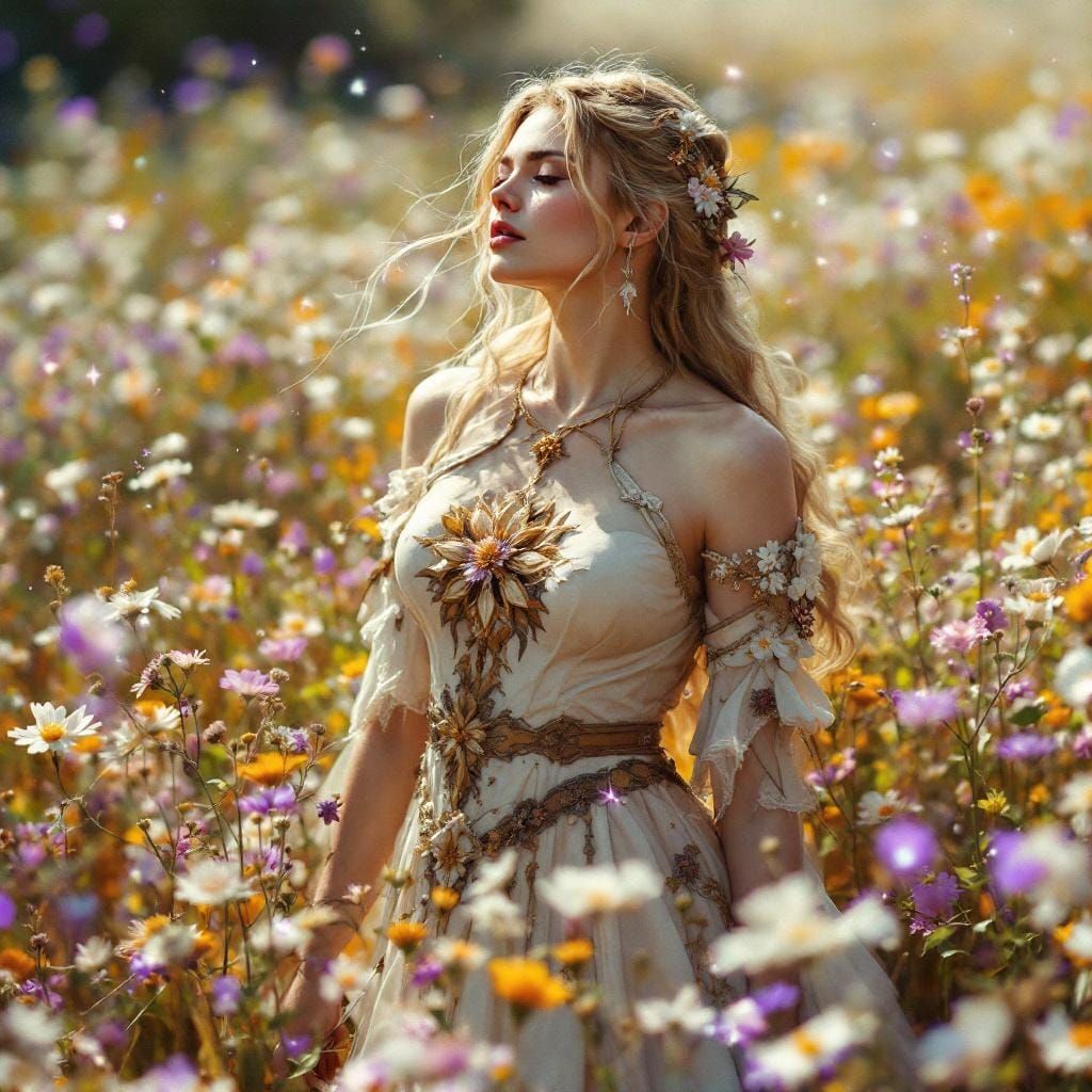 Graceful Warrior in Wildflower Field, Digital Art