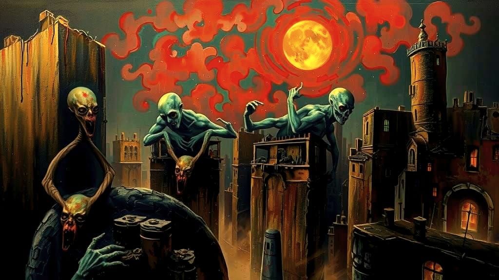 Dark Surreal Cityscape in Oil on Canvas with Thick Brushstro...
