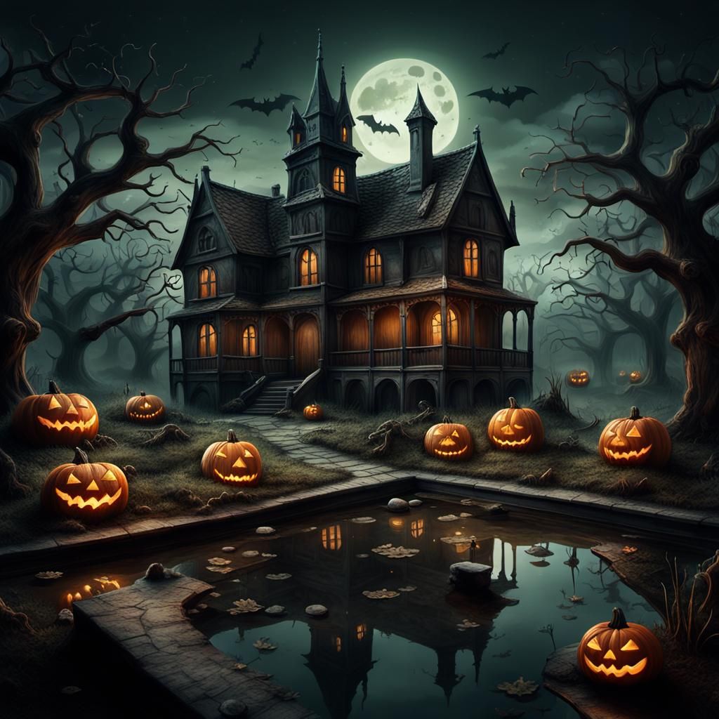 Gothic Halloween Scenery with Graves and Ghost