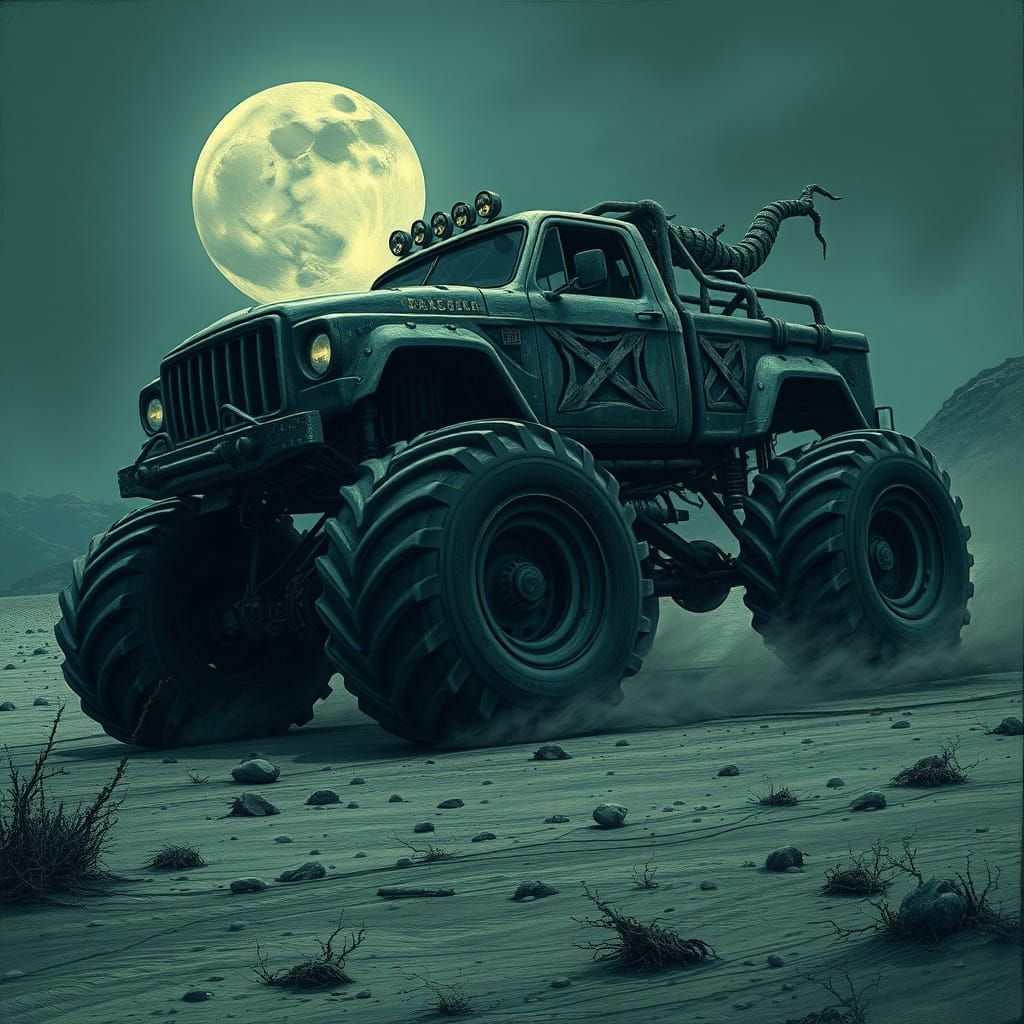 Cyberpunk Monster Truck Speeds Through Desolate Wasteland