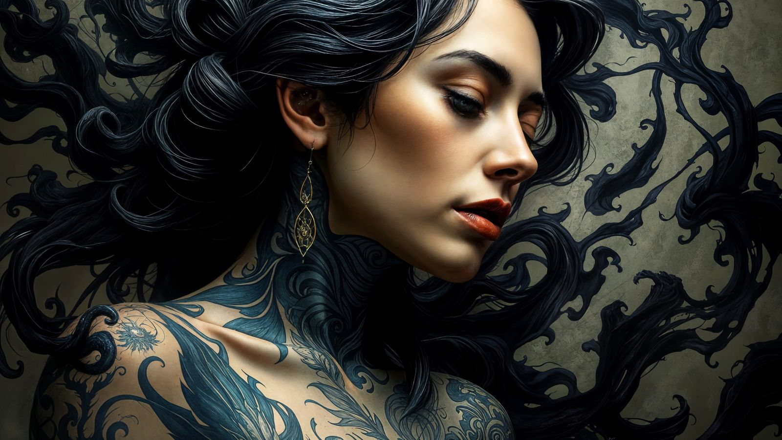 Intricately Detailed Tattooed Woman in Photorealistic Master...