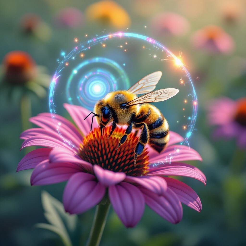 Honey Bee Emitting Energy Spirals in Cosmic Digital Art