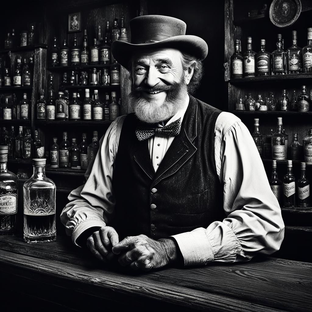 Old Bartender in Country Pub, Black and White Photo