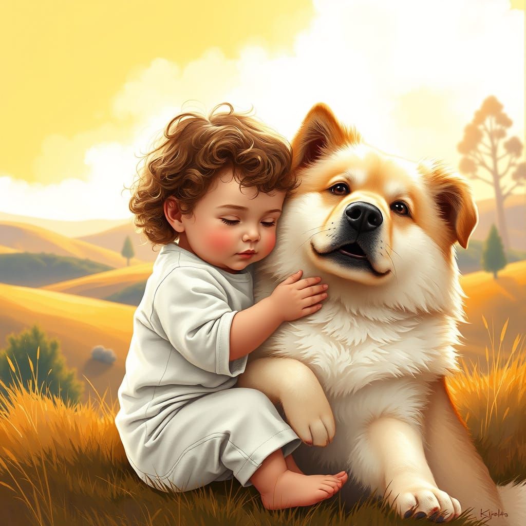 Whimsical Child and Dog in Vibrant Afternoon Landscape