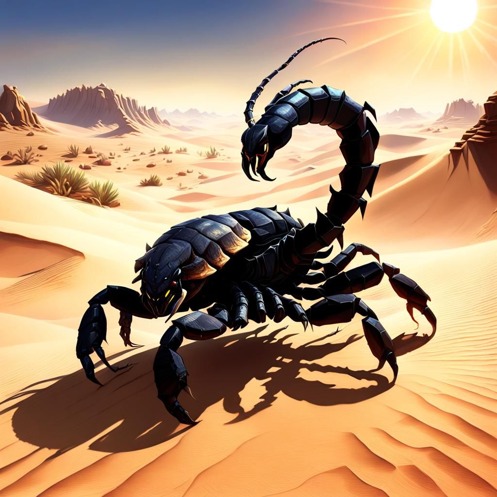 Menacing Black Scorpion Prowls Desert in 3D Digital Art