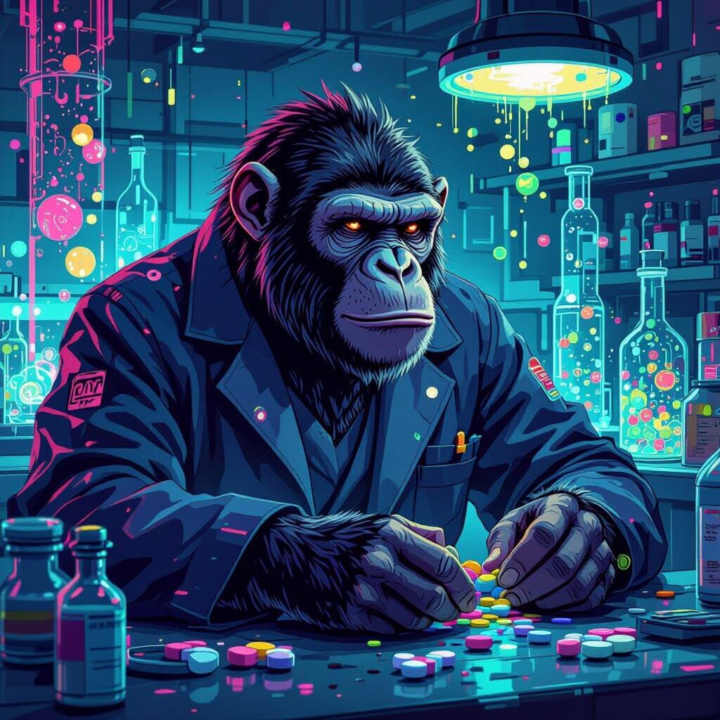 Ape Chemist Mixing Supplements in Futuristic Style