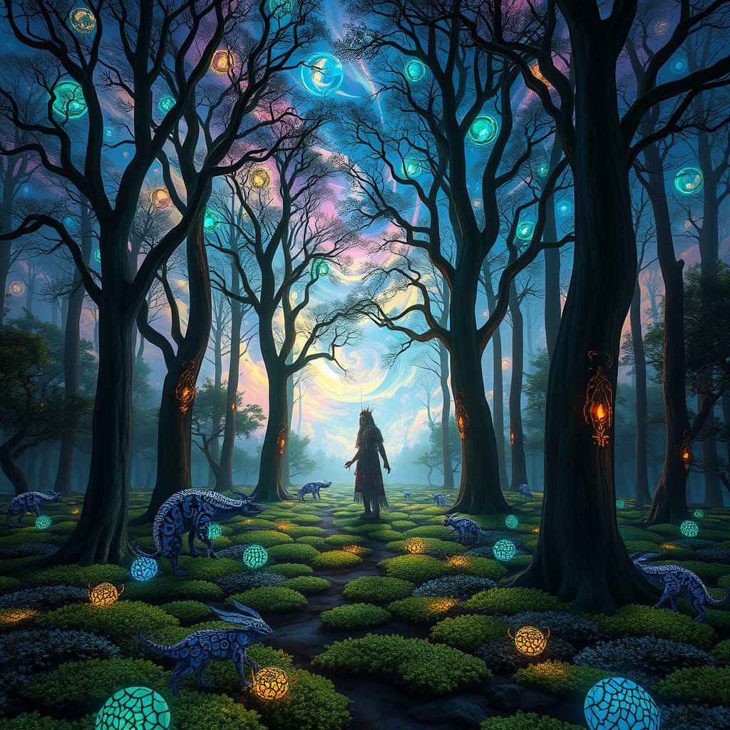 Stained Glass Forest with Nebula Sky in Bio-Art Style