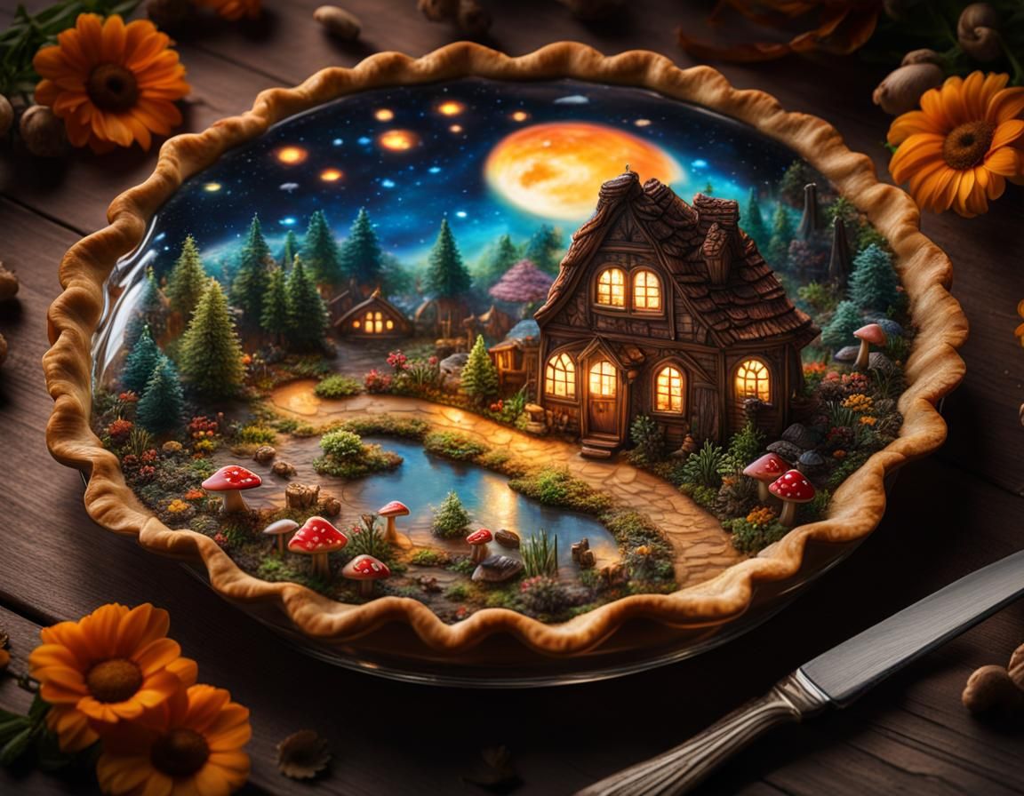 Fairytale Village Inside Glass Pie Slice, Digital Art