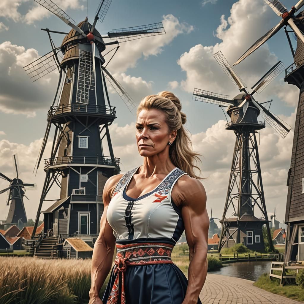 Hyperrealistic Female Bodybuilder in Traditional Dutch Scene