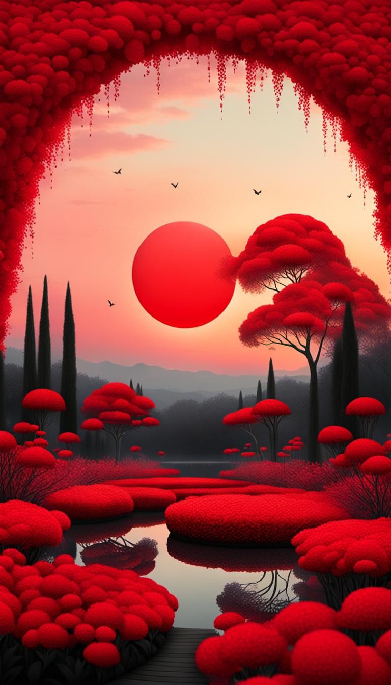 Ethereal Red Sunset Garden: Minimal Surreal Art