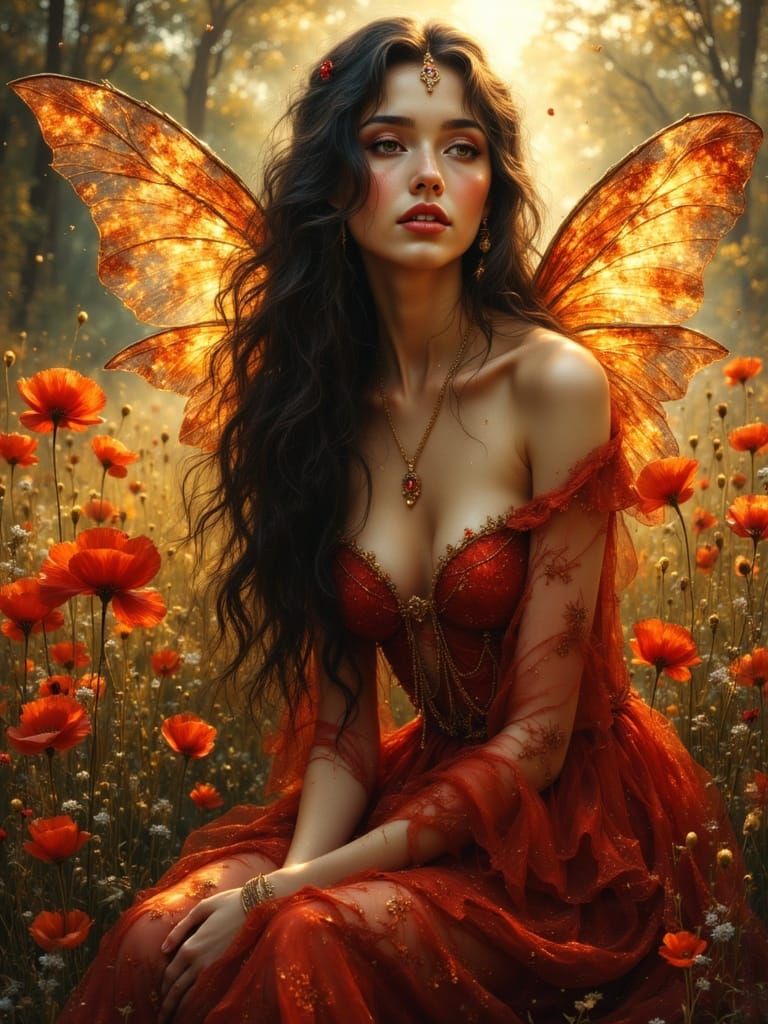 Pre Raphaelite Fairy in Golden Hour with Poppies and Terraco...