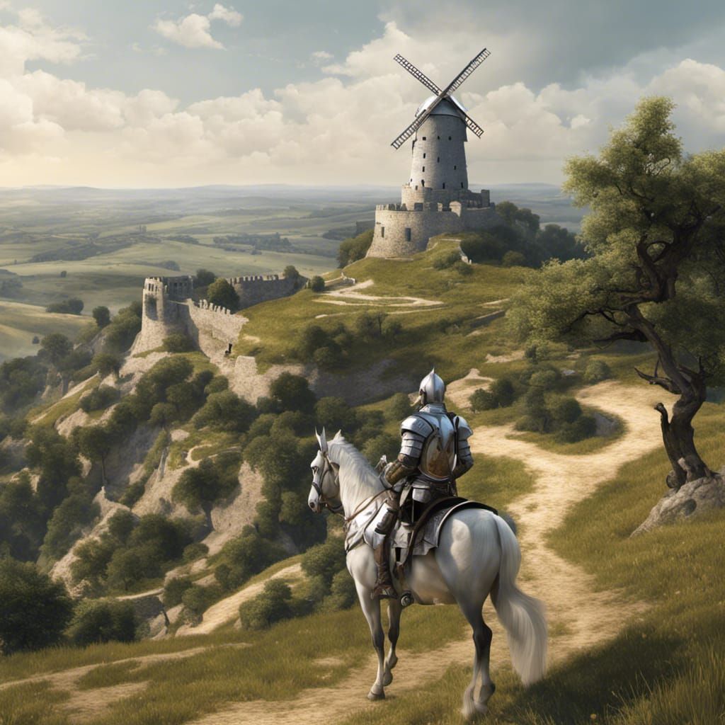 Don Quixote Charges Windmill: Art Nouveau Style