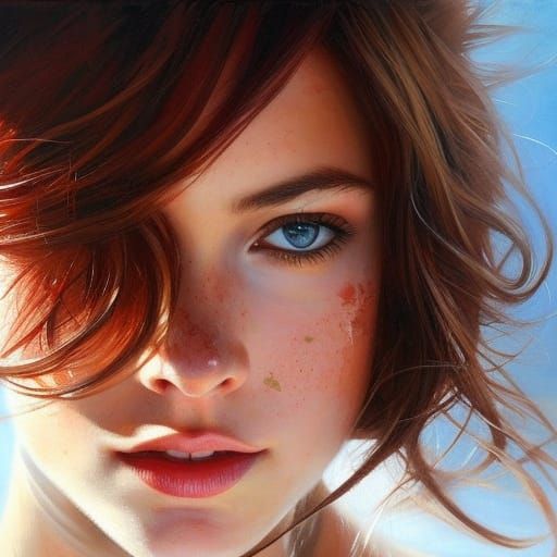 Cute Freckled Brunette Girl Portrait, Digital Art