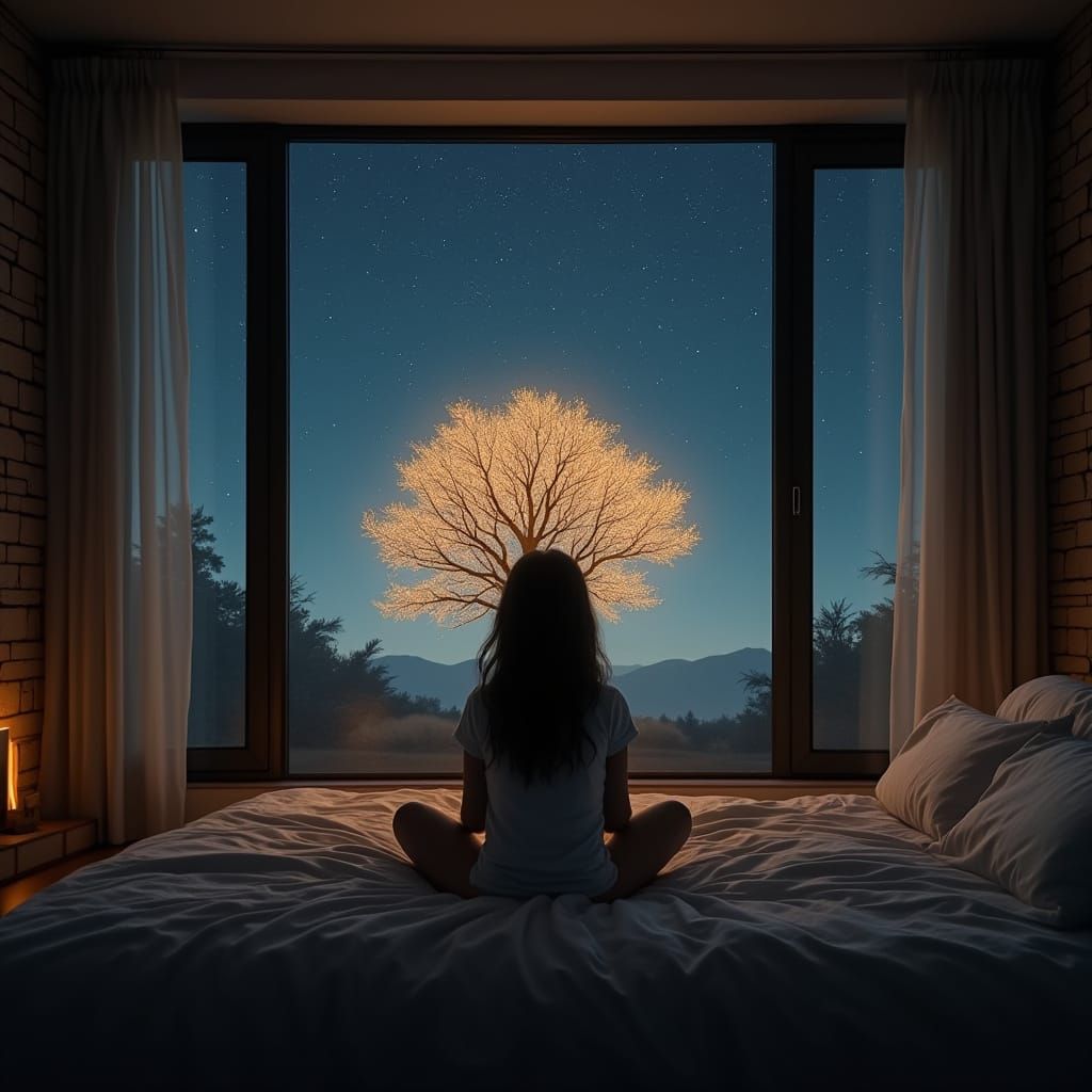 Dreamy Bedroom Scene with Silhouetted Girl and Glowing Tree