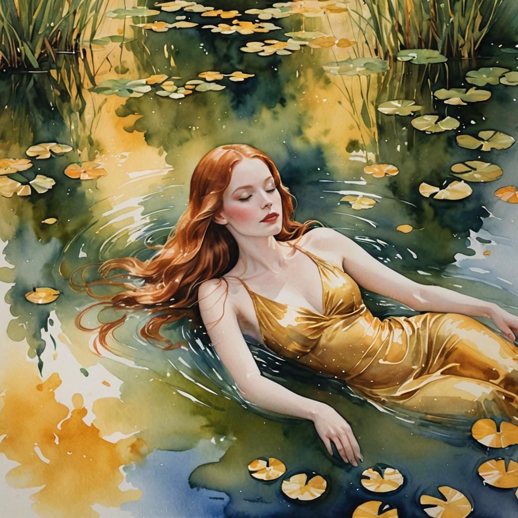 Woman with Auburn Hair in Golden Pond Watercolor