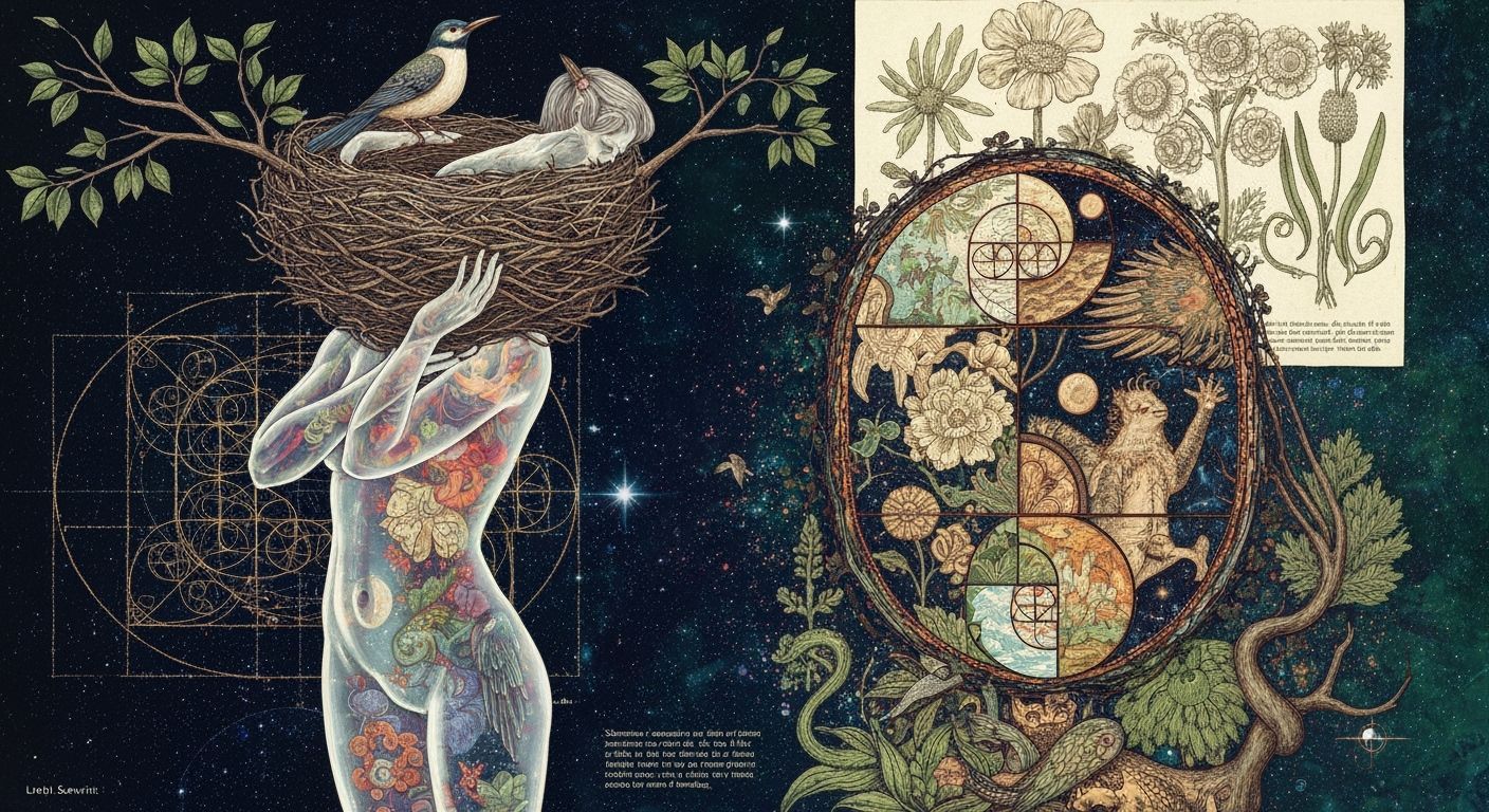 Ethereal Woman Carrying Nest: Dreamlike Concept Art