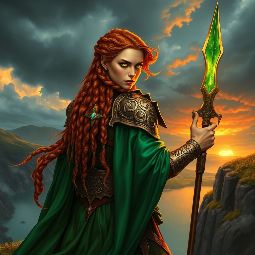 Celtic Warrior Queen in Bronze Armor Stands on Cliff Overloo...