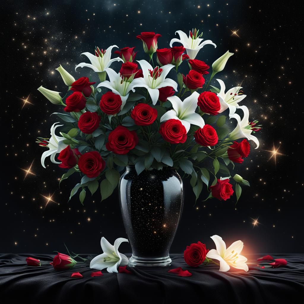 Roses and Lilies Under Starlight: A Digital Masterpiece
