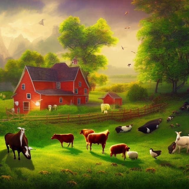 Green Farmhouse with Animals: Detailed Matte Painting