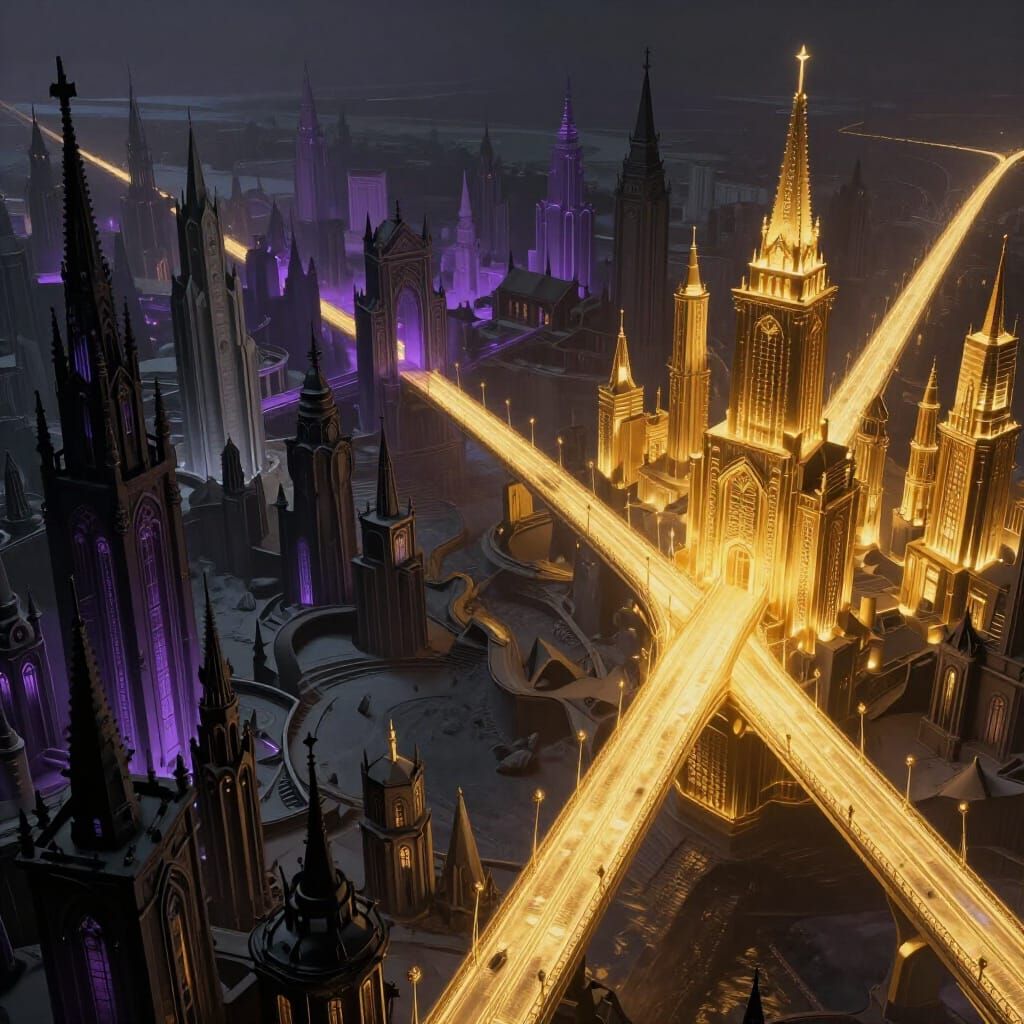 Surreal Cityscape: Golden Haven Meets Gothic Gloom