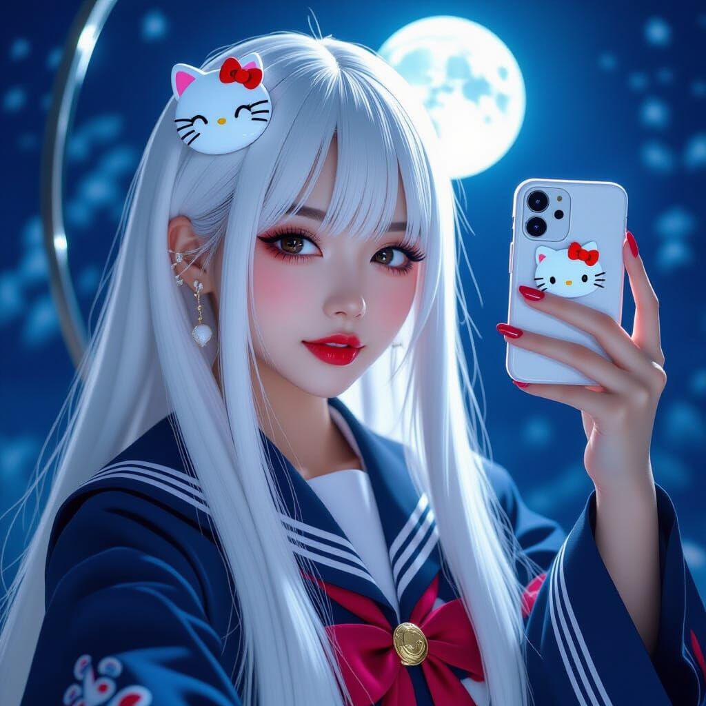 Japanese Woman in Korean Costume with White Hair and Neon Ae...