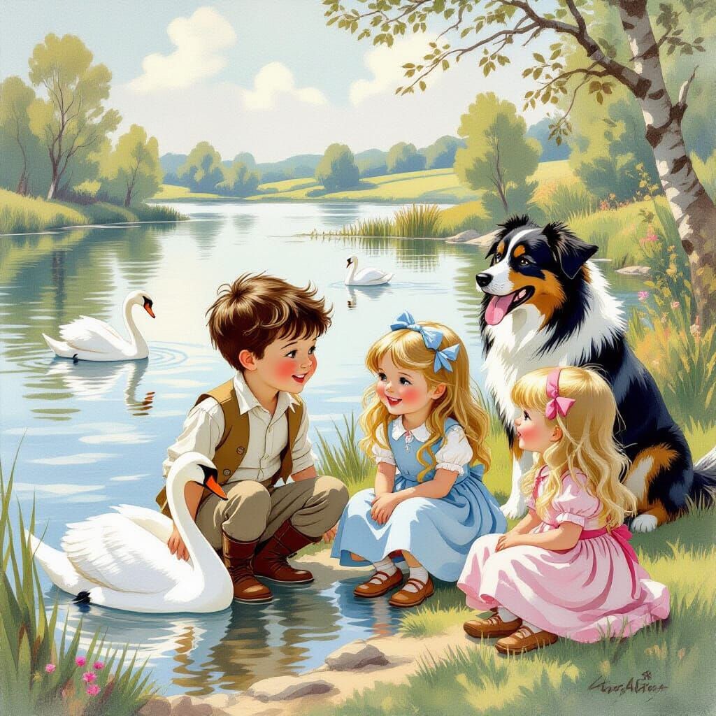 Children Playing by a Lake in Beatrix Potter Style